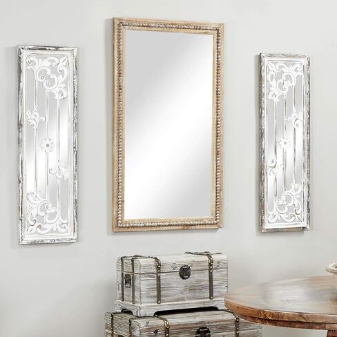 Deco 79 Wood Room Wall Mirror Distressed Entryway Mirror with Beaded Detailing, Wall Mounted Mirror 28" x 2" x 48", Light Brown in Saudi Arabia
