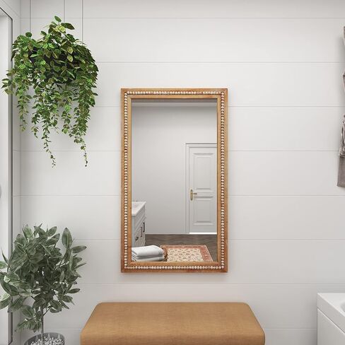 Deco 79 Wood Room Wall Mirror Distressed Entryway Mirror with Beaded Detailing, Wall Mounted Mirror 28" x 2" x 48", Light Brown in Saudi Arabia