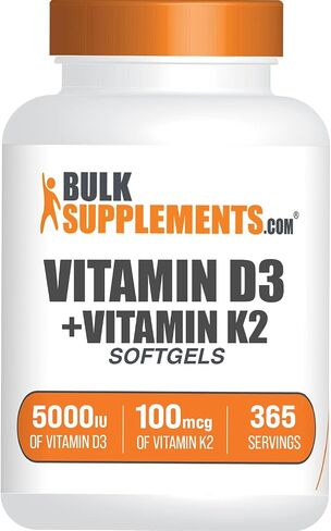 BulkSupplements.com Vitamin D3 + K2 Softgels - Vitamin D3 5000IU & Vitamin K2 100mcg as MK-7 - D3 K2 Supplement, Gluten Free - 1 Softgel per Serving, 365 Softgels (Pack of 1) in Saudi Arabia