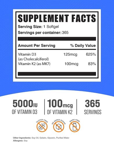 BulkSupplements.com Vitamin D3 + K2 Softgels - Vitamin D3 5000IU & Vitamin K2 100mcg as MK-7 - D3 K2 Supplement, Gluten Free - 1 Softgel per Serving, 365 Softgels (Pack of 1) in Saudi Arabia