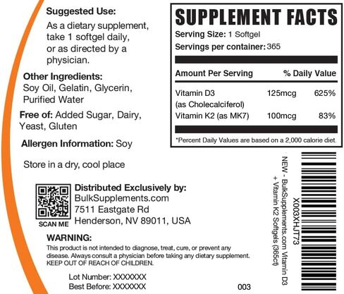 BulkSupplements.com Vitamin D3 + K2 Softgels - Vitamin D3 5000IU & Vitamin K2 100mcg as MK-7 - D3 K2 Supplement, Gluten Free - 1 Softgel per Serving, 365 Softgels (Pack of 1) in Saudi Arabia