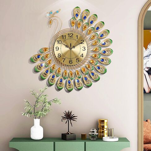 Lafocuse 23 Inch Silent Metal Large Luxury Crystal 3D Peacock Wall Clocks for Living Room Decor, Modern Art Big Mid Century Wall Clock Colorful Elegant for Home Bedroom Office Indoor in Kuwait