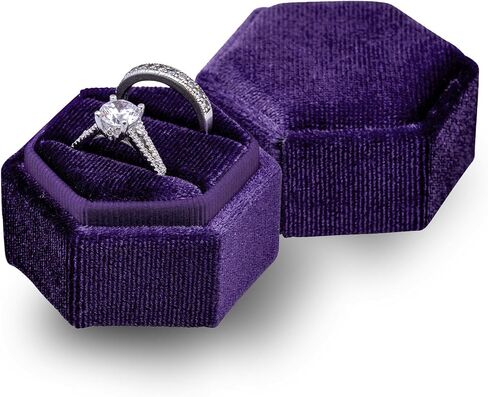 Champagne Velvet Jewelry Ring Box, 2 Slot Champagne Jewelry Ring Gift Box, Hexagon Vintage Ring Box with Detachable Lid, Double Ring Holder Box for Engagement, Wedding, Ceremony, Proposal, Photoshoots in Saudi Arabia