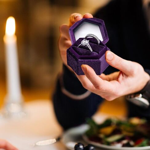 Champagne Velvet Jewelry Ring Box, 2 Slot Champagne Jewelry Ring Gift Box, Hexagon Vintage Ring Box with Detachable Lid, Double Ring Holder Box for Engagement, Wedding, Ceremony, Proposal, Photoshoots in Saudi Arabia