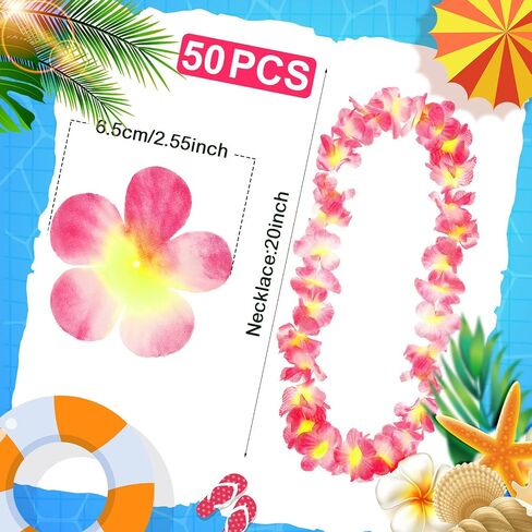 Jexine 50 Counts Hawaiian Leis Necklace Tropical Flower Leis for Luau Party Artificial Flowers Neck Loop for Decoration Beach Birthday Wedding Dance Garland Headbands (Blue) in Saudi Arabia