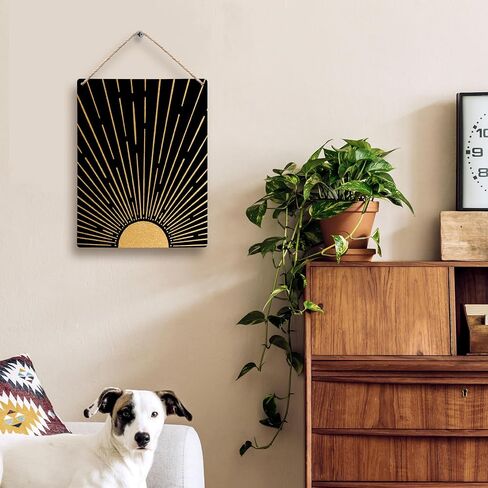 FUGWN Black Boho Sun Sunshine Hanging Wooden Signs 8x10, Sun Wall Decor, Black Boho Decor, Black and Gold Wall Decor, Mid Century Wall Decor, Boho Black Wall Decor for Bedroom Office Living Room in Saudi Arabia