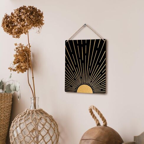 FUGWN Black Boho Sun Sunshine Hanging Wooden Signs 8x10, Sun Wall Decor, Black Boho Decor, Black and Gold Wall Decor, Mid Century Wall Decor, Boho Black Wall Decor for Bedroom Office Living Room in Saudi Arabia