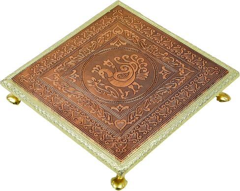 Meenakari Puja Pooja Bajot/طاولة/Chowki aasan الخشبية (الحجم: - 12 بوصة × 12 بوصة × 2 بوصة) تصميم هندي تقليدي ثقافي ديني Chaurang عتيق ذهبي صغير لتزيين مهرجان معبد ماندير in Saudi Arabia