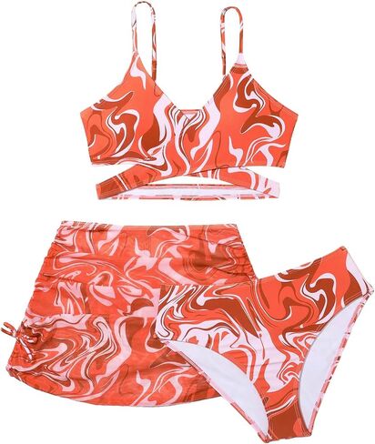Milumia Girl's 3 Pieces Bikini Set Tropical Print Criss Cross Wrap Bathing Suit with Beach Skirt in Saudi Arabia