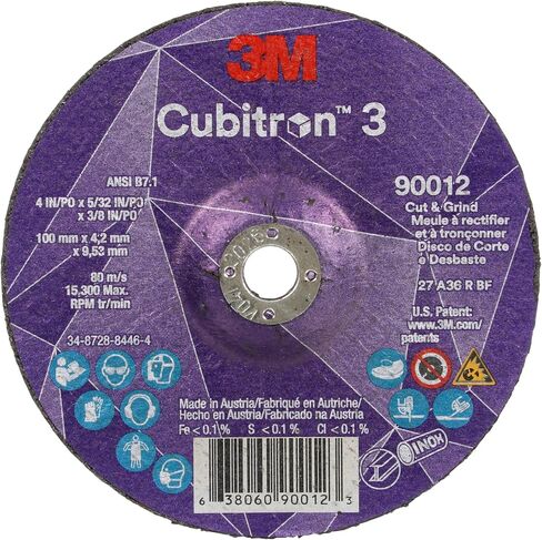 3M Cubitron 3 Cut and Grind Wheel, 90012, 36+, T27, 4 in x 5/32 in x 3/8 in, Pack of 10, ANSI, Longer Life, Faster Cut, Back-Gouging, Fillet Weld Removal, Cutting, Grinding in Saudi Arabia