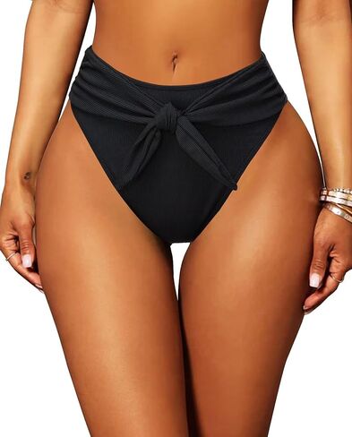TZLDN High Waisted Bikini Bottoms for Women High Cut Cheeky Tie Front Ribbed Swimsuit Bathing Suit Bottom in Kuwait