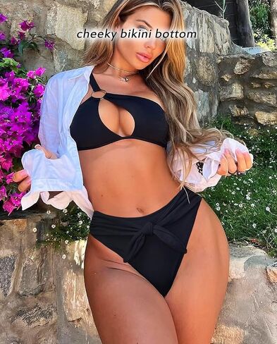 TZLDN High Waisted Bikini Bottoms for Women High Cut Cheeky Tie Front Ribbed Swimsuit Bathing Suit Bottom in Kuwait