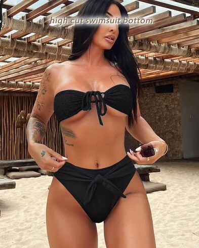 TZLDN High Waisted Bikini Bottoms for Women High Cut Cheeky Tie Front Ribbed Swimsuit Bathing Suit Bottom in Kuwait