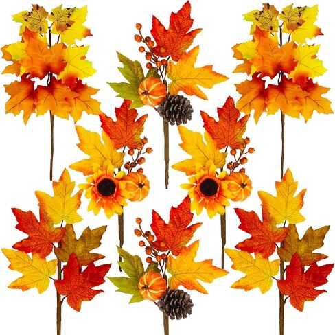 Winlyn 8 Pcs Assorted Artificial Maple Leaf Branches Faux Fall Picks and Sprays with Pumpkins Sunflower Heads Pine Cones Berries for Farmhouse Fall Thanksgiving Floral Arrangement Centerpiece Wreath in Saudi Arabia
