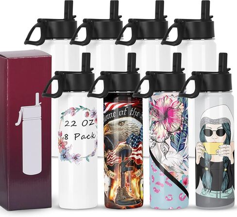 فراغات زجاجات المياه الرياضية بالتسامي (8 عبوات)، أكواب التسامي فارغة 22 أونصة، قارورة زجاجة رياضية من الفولاذ المقاوم للصدأ مع قش ومقبض محمول، معبأة بشكل فردي in Kuwait