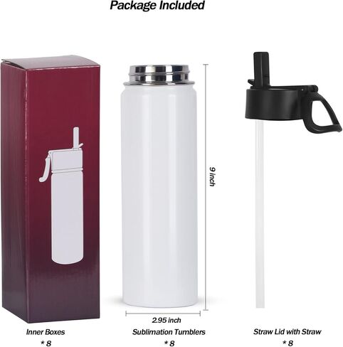 فراغات زجاجات المياه الرياضية بالتسامي (8 عبوات)، أكواب التسامي فارغة 22 أونصة، قارورة زجاجة رياضية من الفولاذ المقاوم للصدأ مع قش ومقبض محمول، معبأة بشكل فردي in Kuwait