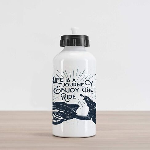 Lunarable Saying Aluminum Water Bottle, Life is a Journey Enjoy the Ride Phrase Motorcycle Hipster Illustration, Insulated Spill-Proof Travel Sports Water Bottle, 16.9 OZ, White Grey in Saudi Arabia