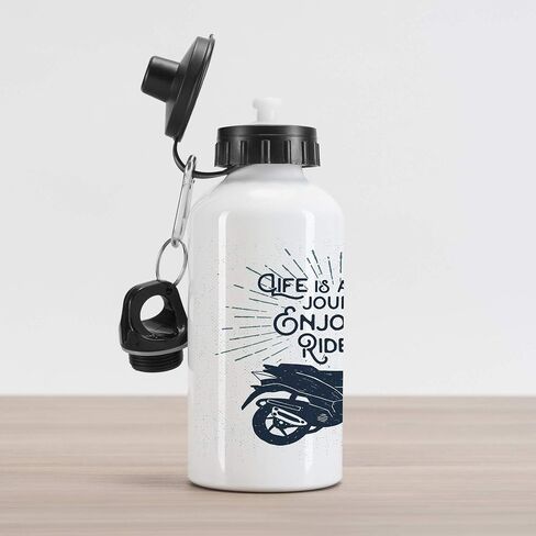 Lunarable Saying Aluminum Water Bottle, Life is a Journey Enjoy the Ride Phrase Motorcycle Hipster Illustration, Insulated Spill-Proof Travel Sports Water Bottle, 16.9 OZ, White Grey in Saudi Arabia