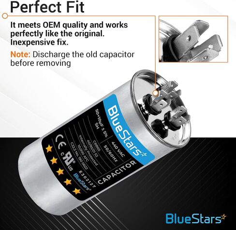 50+10 uf 370-440VAC ±5% Volts Round Run Start Capacitor Electric Replacement Part by BlueStars - Exact Fit for HVAC, Air Conditioners, Heat Pumps in Saudi Arabia