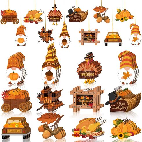 36 Pcs Fall Thanksgiving Wooden Ornaments Hanging Wood Gnome Turkey Maple Leaf Acorn Pumpkin Cutouts Happy Thanksgiving Decorative Ornaments Thanksgiving Hanging Ceiling Decoration for Autumn Harvest in Saudi Arabia