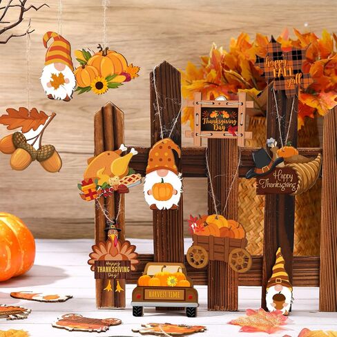 36 Pcs Fall Thanksgiving Wooden Ornaments Hanging Wood Gnome Turkey Maple Leaf Acorn Pumpkin Cutouts Happy Thanksgiving Decorative Ornaments Thanksgiving Hanging Ceiling Decoration for Autumn Harvest in Saudi Arabia