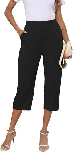 GUOLEZEEV Womens Cropped Pants Elastic Waist Pull On Capris Pants Casual Basic Capri 2024 Summer Pants in Kuwait