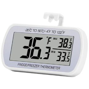 Refrigerator Thermometer Digital Fridge Freeze Room Thermometer Waterproof Large LCD Display Max/Min Record Function, White