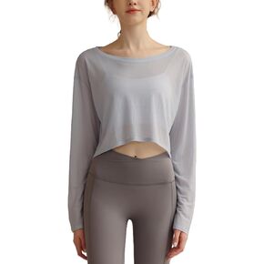 Womens UPF 50+ Sun Shirts Mesh Crop Top Lightweight Long Sleeve Workout Yoga Top