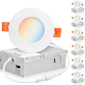 PARMIDA (6 Pack) 3 Inch Dimmable 5CCT Ultra-Thin LED Recessed Ceiling Light with Junction Box, 5 Color Selectable 2700K/3000K/3500K/4000K/5000K, 8W, Canless Wafer Slim Panel Downlight, IC Rated, ETL