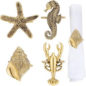 GORGECRAFT 4 Styles Nautical Napkin Rings Sea Animals Theme Alloy Napkin Rings Antique Golden Shell Sea Horse Shrimp Starfish Shape Napkin Holder Adornment for Wedding Dinner Party Table Decoration