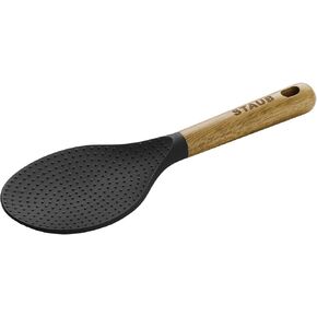 STAUB Rice Spoon, Perfect for Keeping Rice Fluffy While Scooping and Serving, Durable BPA-Free Matte Black Silicone, Acacia Wood Handles, Safe for Nonstick Cooking Surfaces, 8.75 x 3 x 0.75 inches
