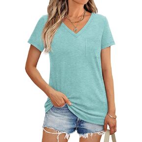 AUTOMET Womens T Shirts Short Sleeve V Neck Tops with Pockets Summer Fashion Trendy Soft Casual Comfy Outfits Clothes 2024