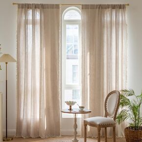 Sage Green Boho Farmhouse Curtains for Bedroom Living Room Semi Blackout Cotton Linen Curtains 63 Inch Long French Country Cute Textured Window Curtain Bohemian Chic Tassel Draperies 84’’L x 52’’W