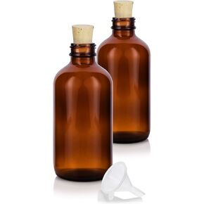 JUVITUS 8 oz Amber Glass Boston Round Bottle with Cork Stopper Closure (2 Pack) + Funnel
