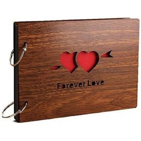 DIY Photo Album Wood Cover Anniversary Scrapbook 8 X 6 inches Self-adhesive Picture Book with Black Pages for Wedding Guest Book Couples Graduation Travel Love Story Memory (Forever Love)