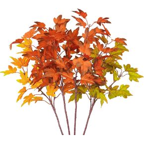 4Pcs Artificial Maple Leaves Branches 21.6in Fake Fall Leaves Stems Plants Outdoor Greenery for Home Kitchen Farmhouse Thanksgiving Table Centerpiece Fireplace Halloween Décor Orange