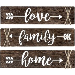 Dahey 3 Pieces Farmhouse Wall Decor Wood Sign Arrow Decor Love Family Home Quote Sign Rustic Wall Art Decoration for Entryway, Living Room, Bedroom, Bathroom, Gift for Mothers Day, 13"x 3", Brown