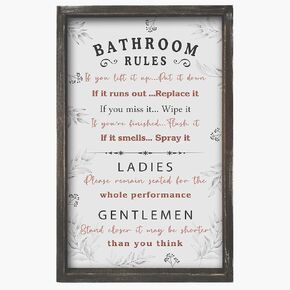 Funny Bathroom Rules Sign - Solid Wood Farmhouse Bathroom Decor - Rustic Framed Wall Art for Toilet Restroom 16x9.5 Inches Vertical