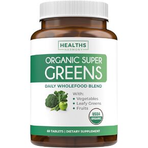USDA Organic Greens Powder (60 Tablets) Convenient Pills - Complete Superfood Supplement with 28 Fruits & Vegetables - Super Antioxidants, Energy, Gut Health, and Immune Support (No Capsules)