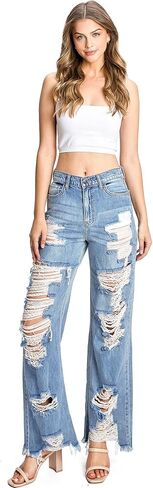 جينز تشيلو جينز نسائي مرتفع الارتفاع مستقيم الساق من قماش الدنيم للأب in Kuwait