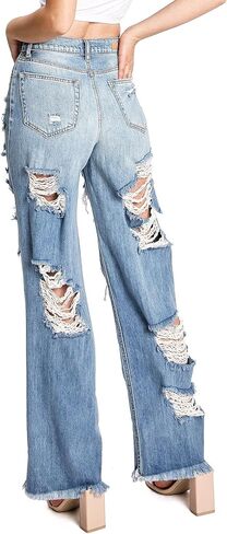 جينز تشيلو جينز نسائي مرتفع الارتفاع مستقيم الساق من قماش الدنيم للأب in Kuwait