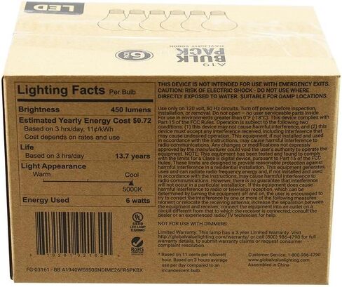 إضاءة القيمة العالمية FG-03161 40 وات مكافئة A19 لمبة إضاءة LED للأغراض العامة، (6 عبوات)، ضوء النهار (5000 كلفن) in Saudi Arabia