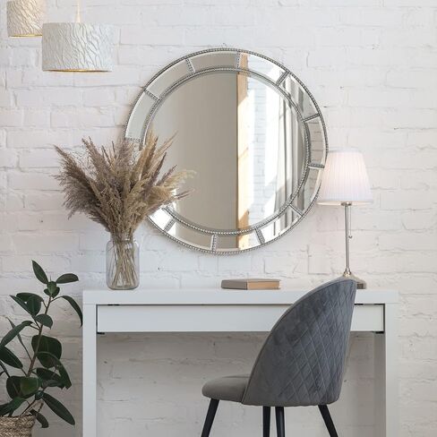 Head West Beaded Silver Beveled Round Mirror 30 inch, Bathroom Vanity Mirror Wall Decor for Living Room, Vintage Bathroom Mirrors for Over Sink, Decorative Wall Mirrors for Bedroom, Entryway, Hallway in Saudi Arabia