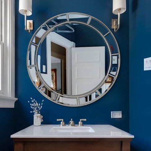 Head West Beaded Silver Beveled Round Mirror 30 inch, Bathroom Vanity Mirror Wall Decor for Living Room, Vintage Bathroom Mirrors for Over Sink, Decorative Wall Mirrors for Bedroom, Entryway, Hallway in Saudi Arabia