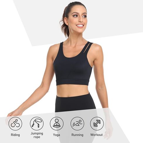 V-Neck Women Sports Bra Wirefree Padded Yoga Bra Workout Crop Tank Tops Fitness Running Longline Black… in Saudi Arabia