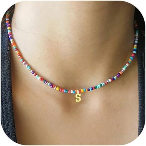Colorful Beaded Initial Necklaces for Women Girls, 18K Gold Plated Letter Necklace Choker Bohemian Necklace Boho 3MM Beads Choker Dainty Necklace Personalized Gifts for Women Girls in Kuwait