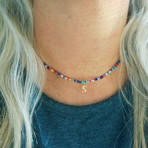 Colorful Beaded Initial Necklaces for Women Girls, 18K Gold Plated Letter Necklace Choker Bohemian Necklace Boho 3MM Beads Choker Dainty Necklace Personalized Gifts for Women Girls in Kuwait