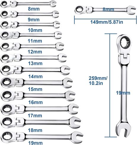 TR TOOLROCK 12 قطعة مجموعة مفاتيح ربط الرأس المرنة - 8-19 مم متري مجموعة مفاتيح السقاطة CrV والعتاد مجموعة مفتاح ربط in Kuwait