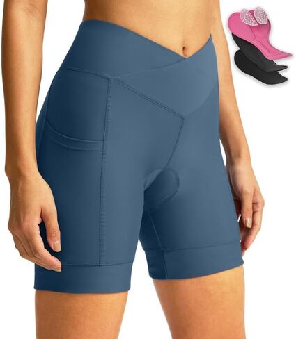 Women's Bike Shorts 4D Padded Cycling Shorts Crossover Waist Biking Shorts with Pockets Bicycle Riding in Kuwait