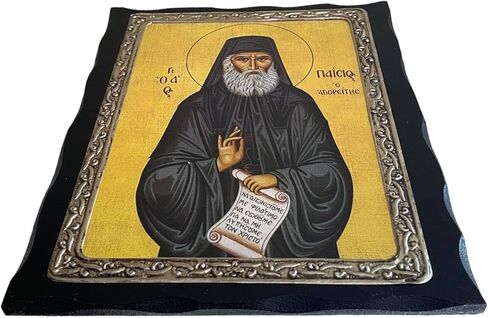 أيقونة معدنية مصنوعة يدويًا من الخشب المسيحي اليوناني الأرثوذكسي للقديس باييسيوس الأثونيتي (24 × 19 سم أو 9.4 × 7.5 بوصة) من الخشب الصلب in Kuwait